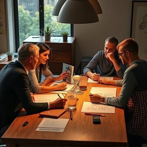 Un grupo de personas colaborando en una mesa, representando el esp칤ritu de equipo y la fundaci칩n de la academia.