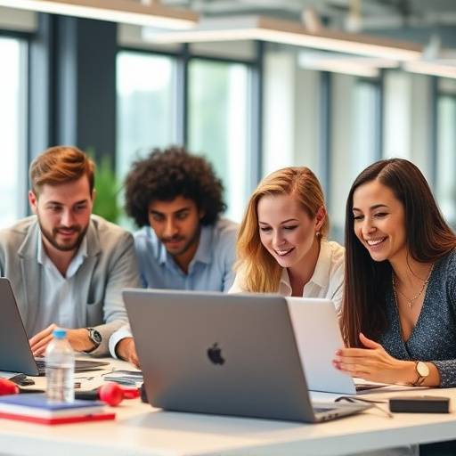 Un grupo diverso de personas trabajando en computadoras port√°tiles, mostrando colaboraci√≥n y aprendizaje.