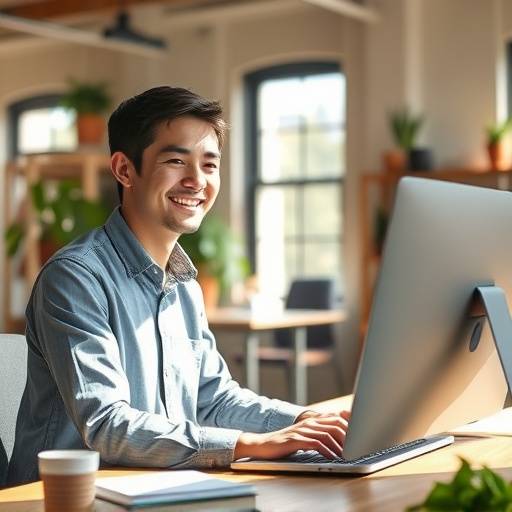 Una persona sonriendo mientras trabaja en una computadora en un espacio de coworking iluminado por el sol, representando un ambiente de aprendizaje positivo.