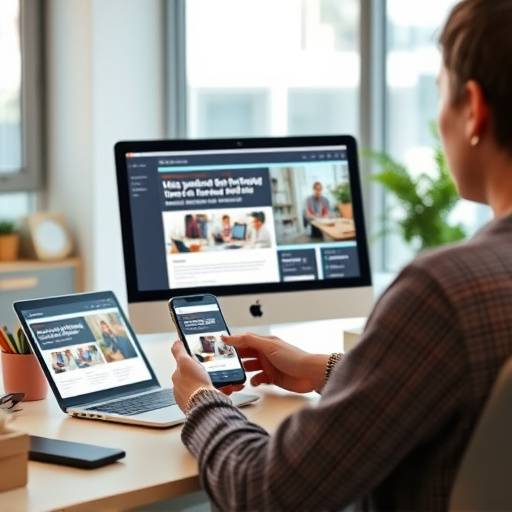 Una persona trabajando en un dise√±o web responsivo que se adapta a varios dispositivos, representando la adaptabilidad de las p√°ginas web.